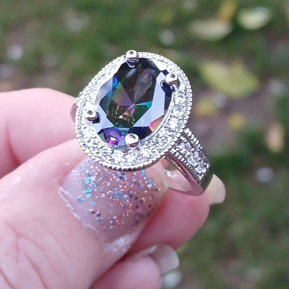 New Halo Oval Mystic Topaz & CZ 925 Silver Ring. - Picture 7 of 16
